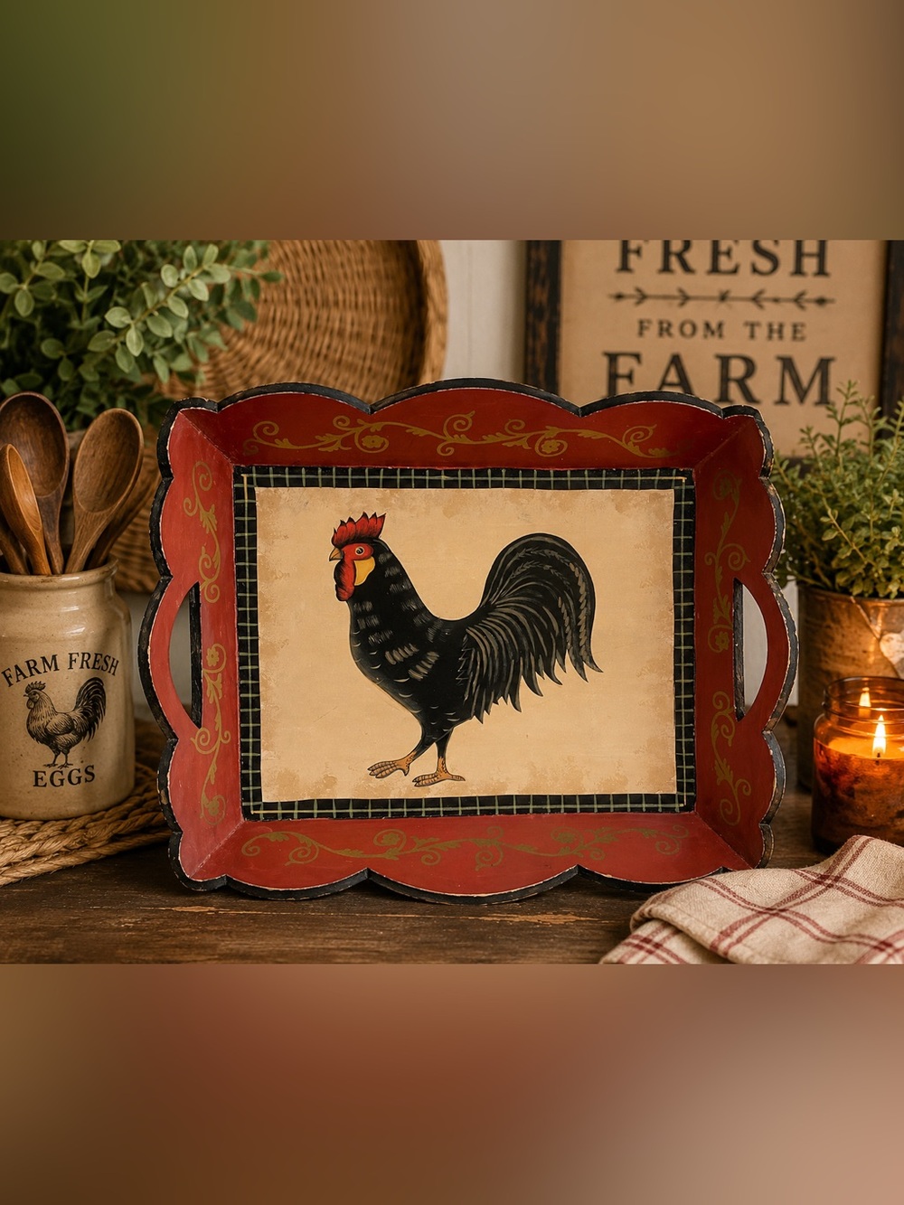 Rustic Rooster Wooden Serving Tray Farmhouse Country Kitchen Decor Red Black